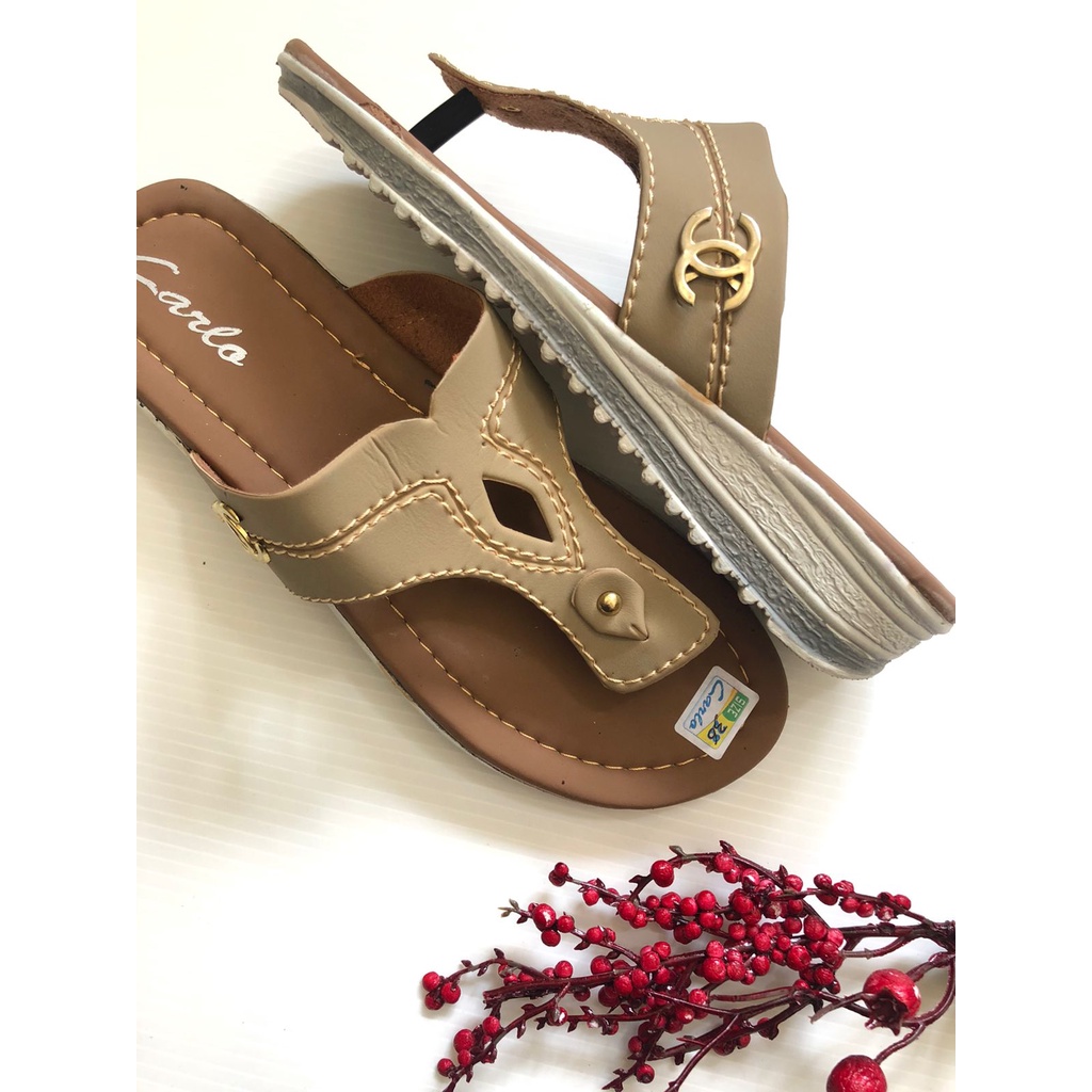 [Size 36-40] SANDAL JEPIT BUNDA WANITA CARLA KULIT SINTETIS / SENDAL LOKAL CARV*L WEDGES 3cm