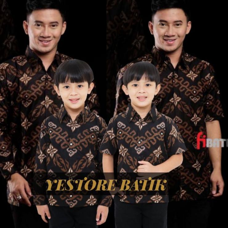 Hot Sale 0BAJU BATIK COUPLE AYAH ANAK LENGAN PENDEK, BAJU BATIK PRIA ZIG-ZAG HITAM COKLAT, BAJU ANAK