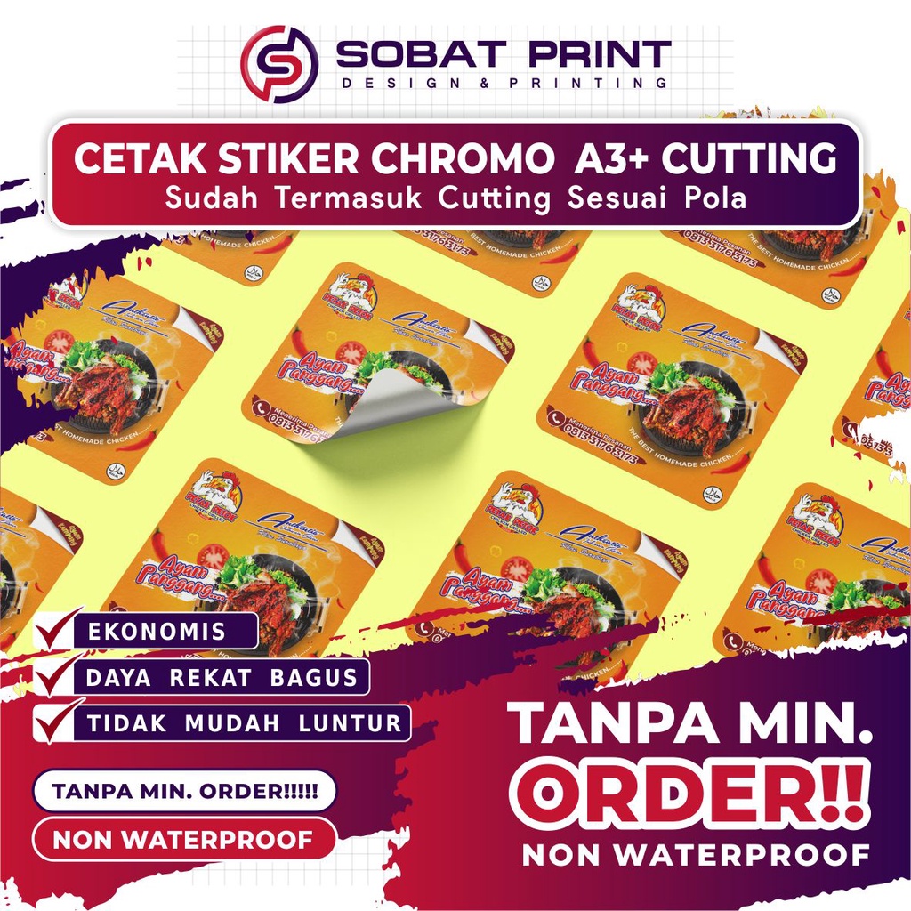 

Cetak Stiker Bontak Chromo A3+ Cutting Custom HalfCut / KisCut / Cetak Stiker Label Kemasan Makanan Minuman / Label Stiker Custom / Cetak Stiker Murah