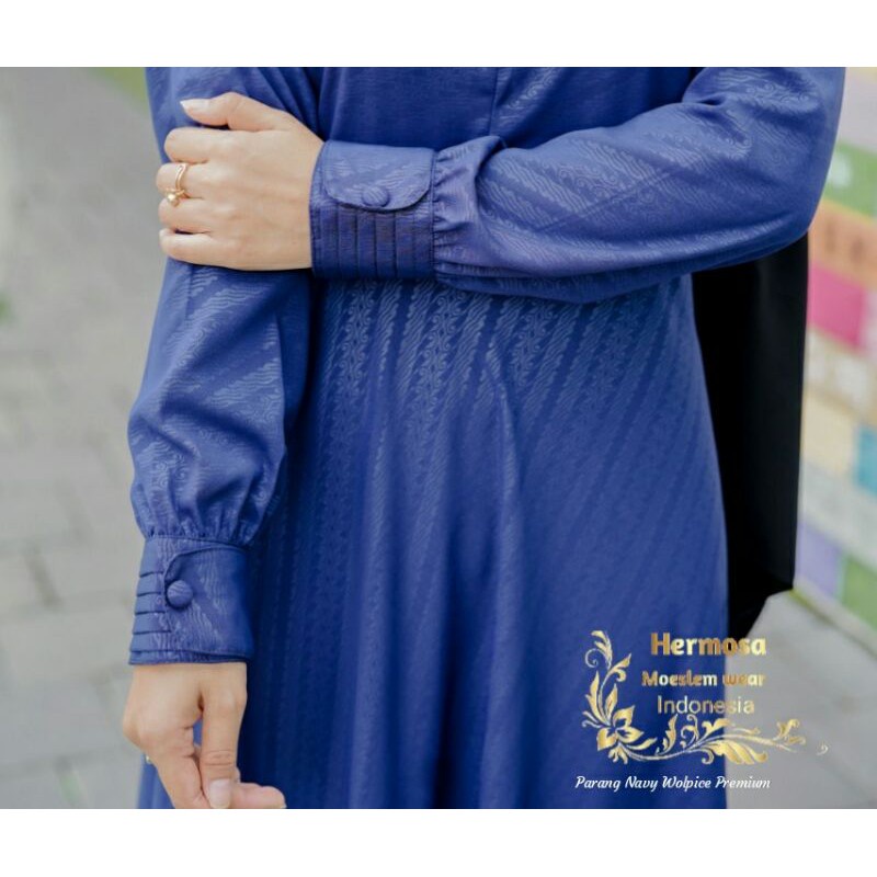 (Hermosa)Gamis hermosa motif par-ang navy-gamis biru dongker syari-gamis wanita navy bahan wolfis
