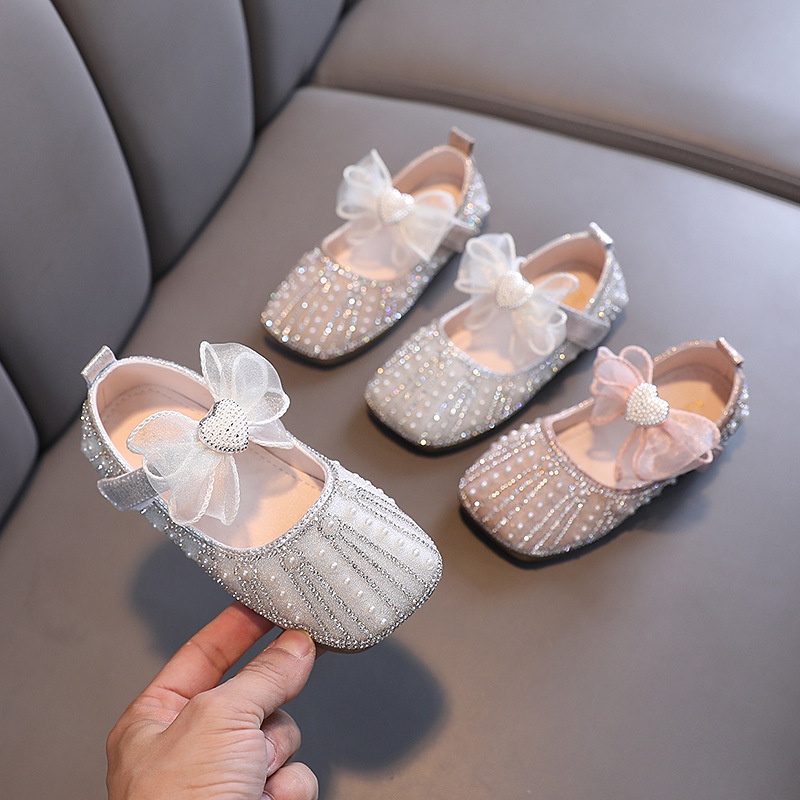 SH7-Sepatu Pesta Anak Perempuan Flat Blink Mutiara Aksen Pita Love