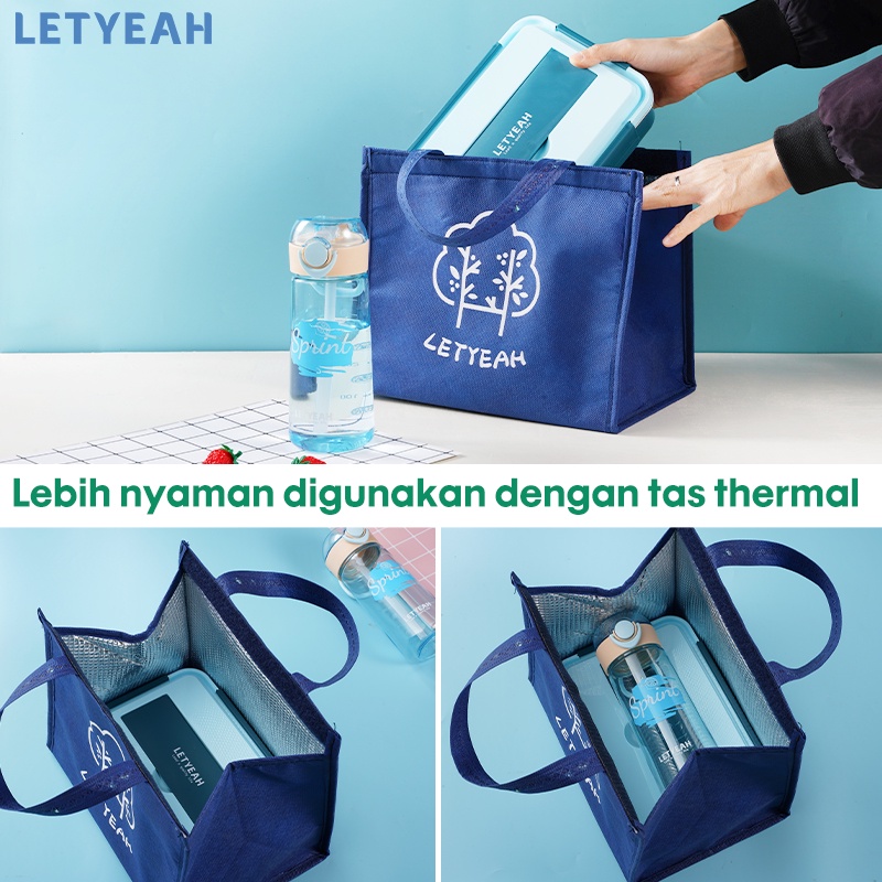 letyeah Lunch box set tas bekal dan 4 sekat kotak makan stainless 304 /570ml botol minum anti tumpah