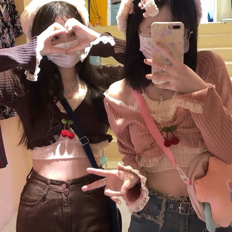 Red Musim Gugur Jepang Lembut Gadis Lucu Keinginan Murni Angin Renda Renda Rajutan Cardigan Top Jaket Siswa All-Match Dua Potong set