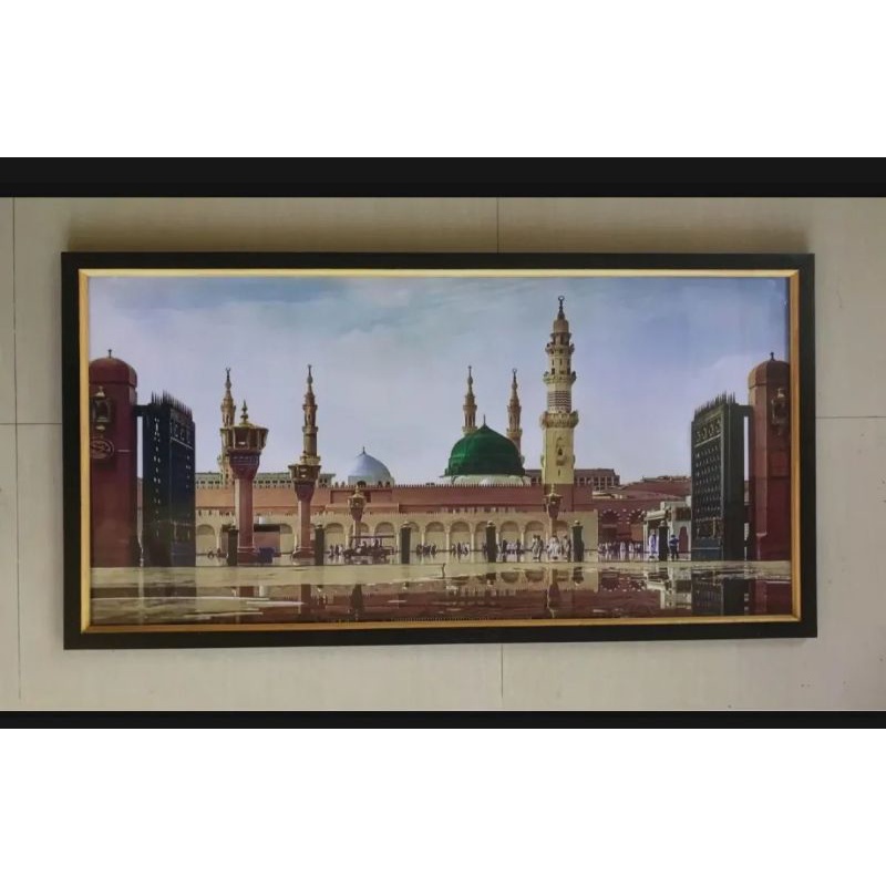 Hiasan dinding cetak gambar dan bingkai masjid nabawi ukuran 100x50