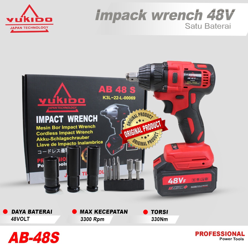 TERMURAH !!! Impact Wrench Brushless 48S Mesin Bor Impact Bor Baterai Cas Komplit Bolak Balik Yukido