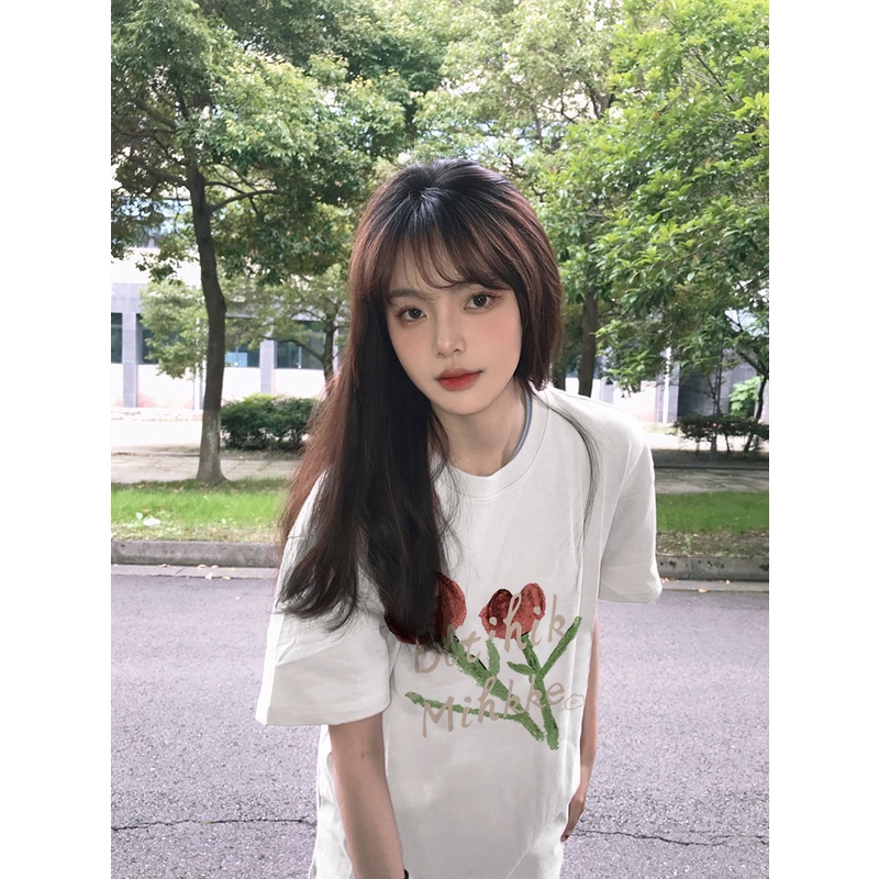 baju atasan wanita lengan pendek rose motif printed t-shirt import kaos puith oversize kaos korea