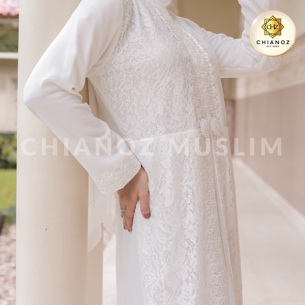 CHIANOZ Gamis Putih Mewah Nikita Dress Brukat Renda Baju Lebaran Umroh Haji Manasik Pesta Akad 317 323