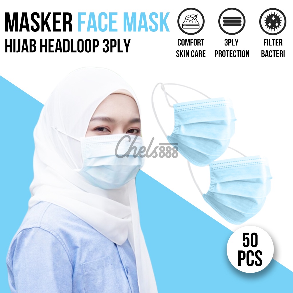 Masker Hijab / Headloop 3ply FACE MASK Surgical 50pcs