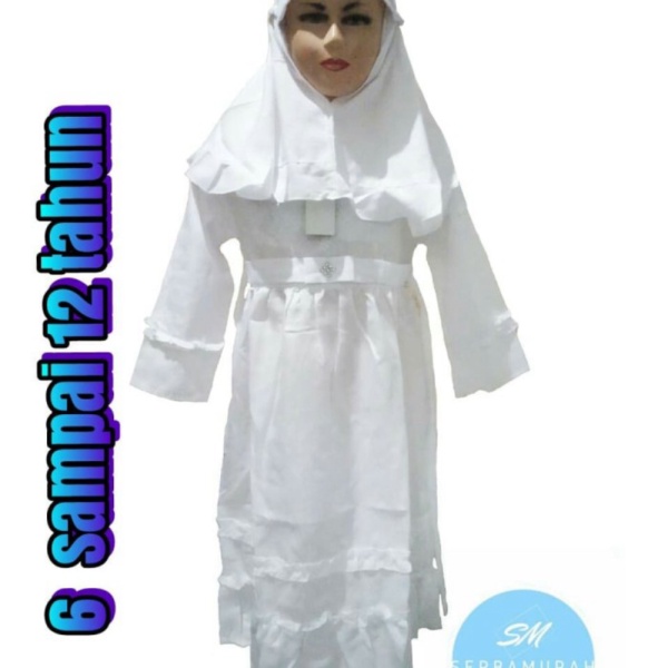 baju muslim gamis putih anak baju gamis warna putih anak perempuan usia 6-12 tahun - 7 tahun Murah B