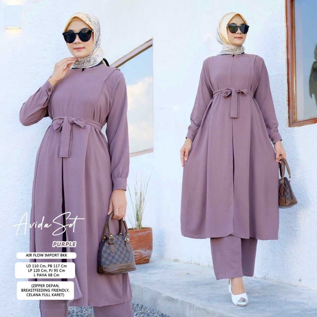 Avida Set Crinkle Airflow Jumbo LD 120 / Setelan long tunik jumbo avida set / Setelan crinkle polos 