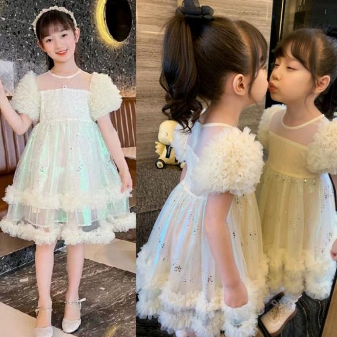 Dress anak import putih laser hologram sequin lengan balon mewah impor