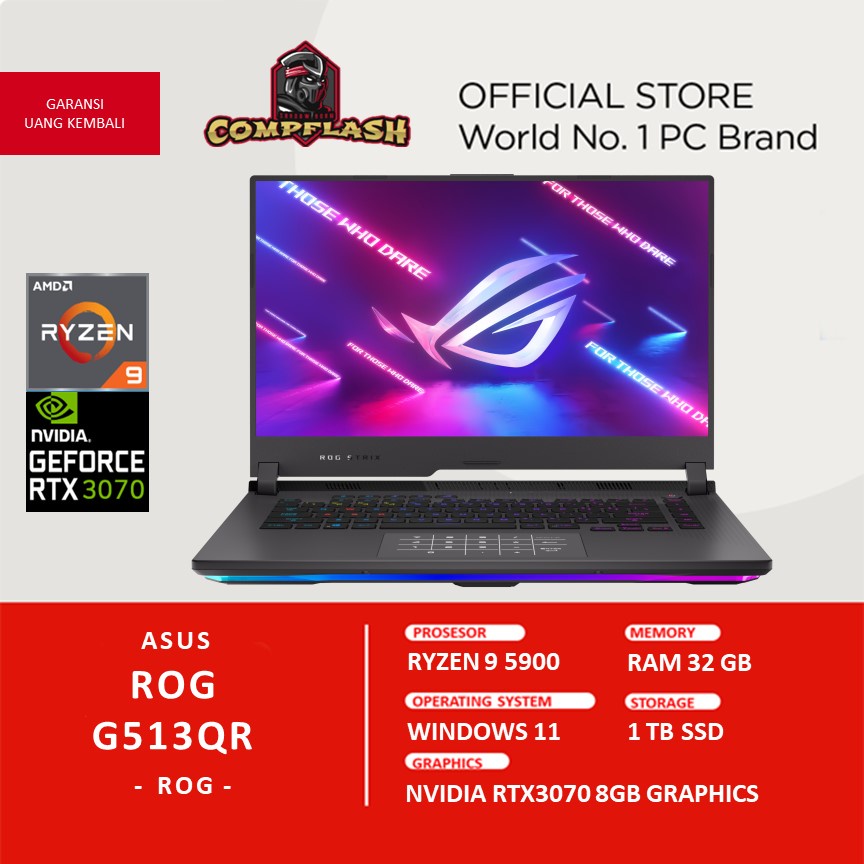 LAPTOP GAMING ASUS ROG G513QR RYZEN 9 5900 RTX3070 RAM 32GB 1TB SSD W10 15.6FHD IPS 165HZ