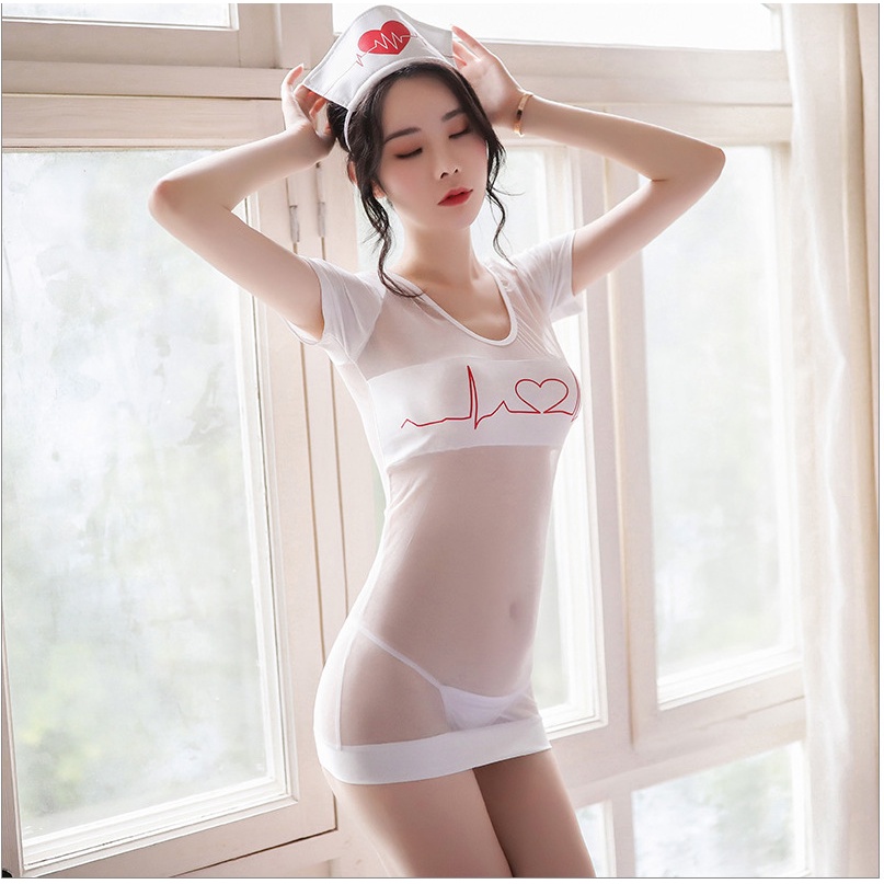 Lingerie Sexy hot Mini Dress Perawat Cosplay Seragam Seksi Transaran 3A375