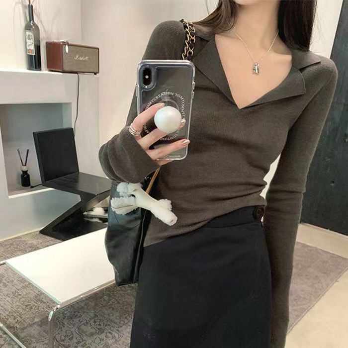 Red Lembut Waxy Polo Leher Sweater Slim Slim Pakaian Rajut Wanita Musim Gugur dan Musim Dingin Gaya Baru Bagian Dalam Bawah Keinginan Murni Rajutan Top wanita