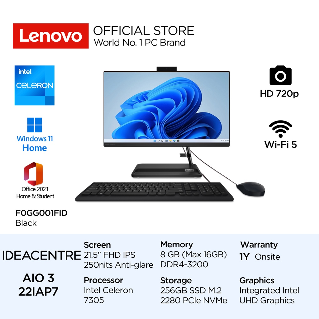 Lenovo PC IdeaCentre AIO 3i 22IAP7 1FID 23ID Intel Celeron 7305 Win11 Home 8GB 256GB SSD 21.5" FHD I