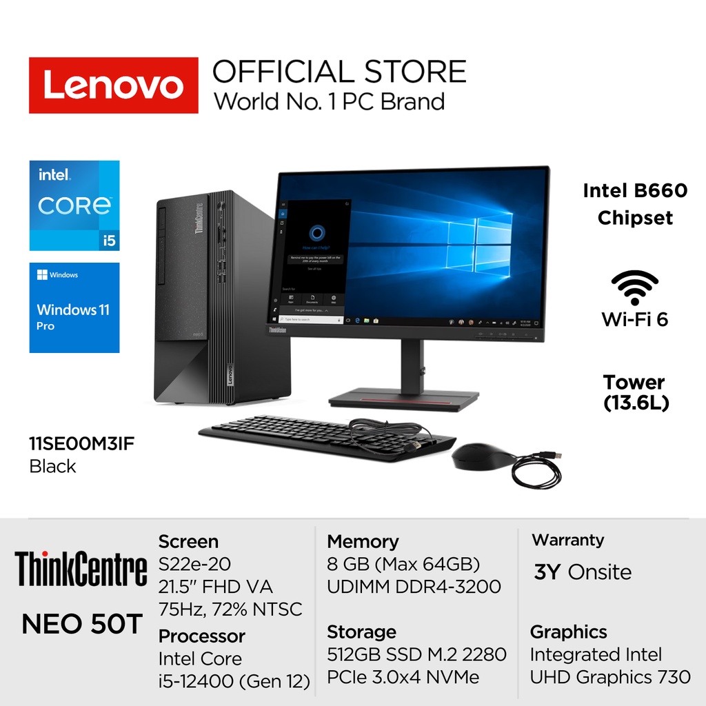 Jual Lenovo PC ThinkCentre Neo 50t M3IF i5 12400 Win11 Pro 8GB DDR4