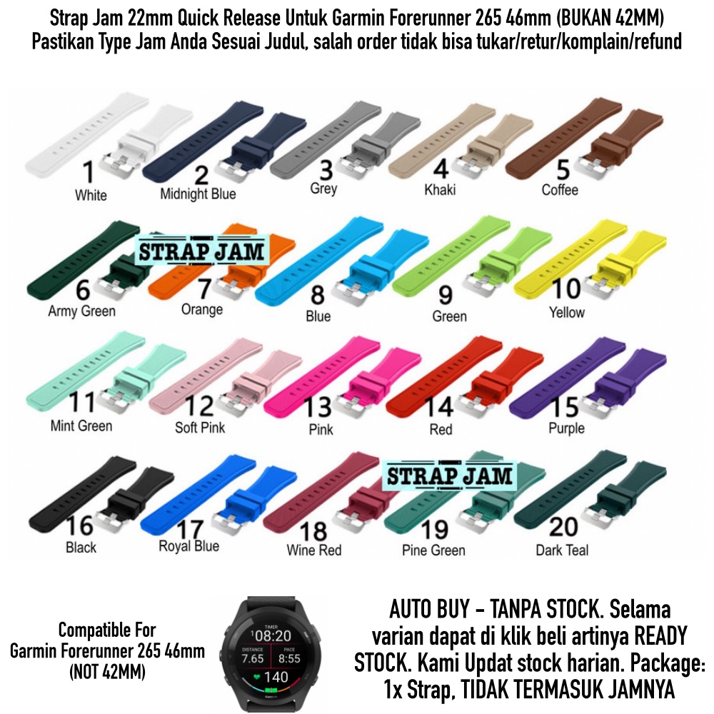 MS3 Tali Jam Tangan Garmin Forerunner 265 46mm - Strap 22mm Rubber Silikon Pangkal Lebar