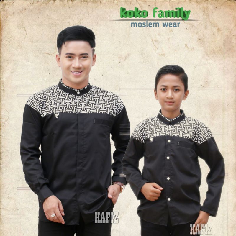couple baju koko ayah dan anak laki-laki warna hitam motif falcon