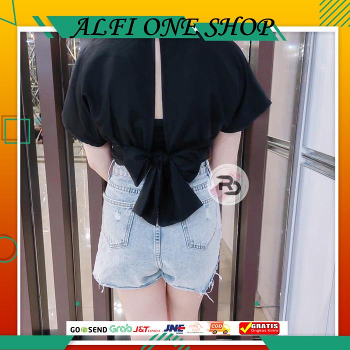 VALLINA FEMEI OUTER BLOUSE SLIT BACK SELF TIE WRAP CROP TOP ATASAN WANITA KOREAN STYLE BOW BACK CARD