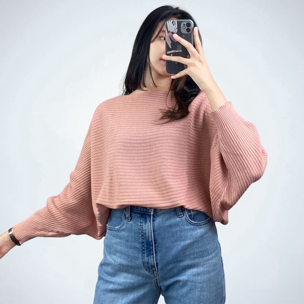 Blouse Baju Rajut Wanita Lengan Panjang Batwing Atasan Wanita Model Kelelawar