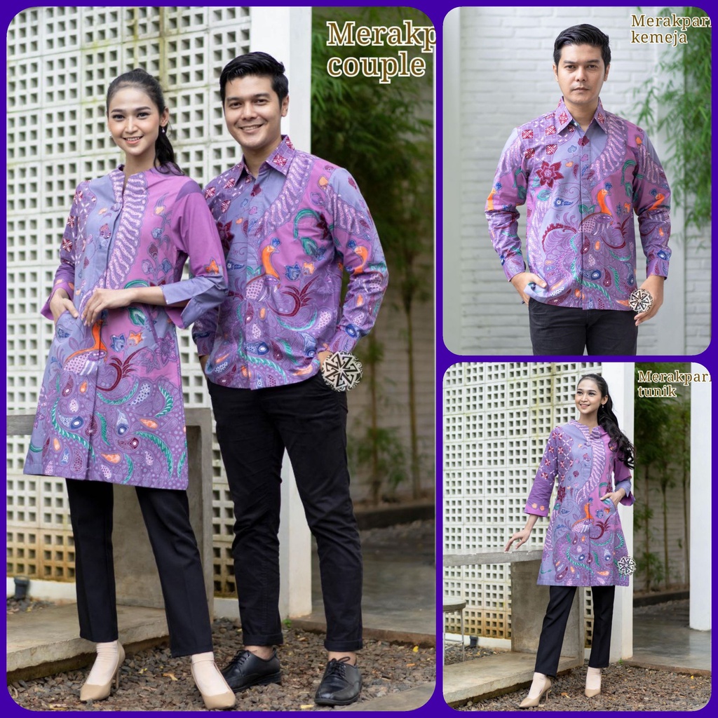 batik tulis couple Kemeja batik dan tunik Batik Tulis Berlapis Furing Lengan Panjang Handmade motif merakpari ungu batik couple tulis premium