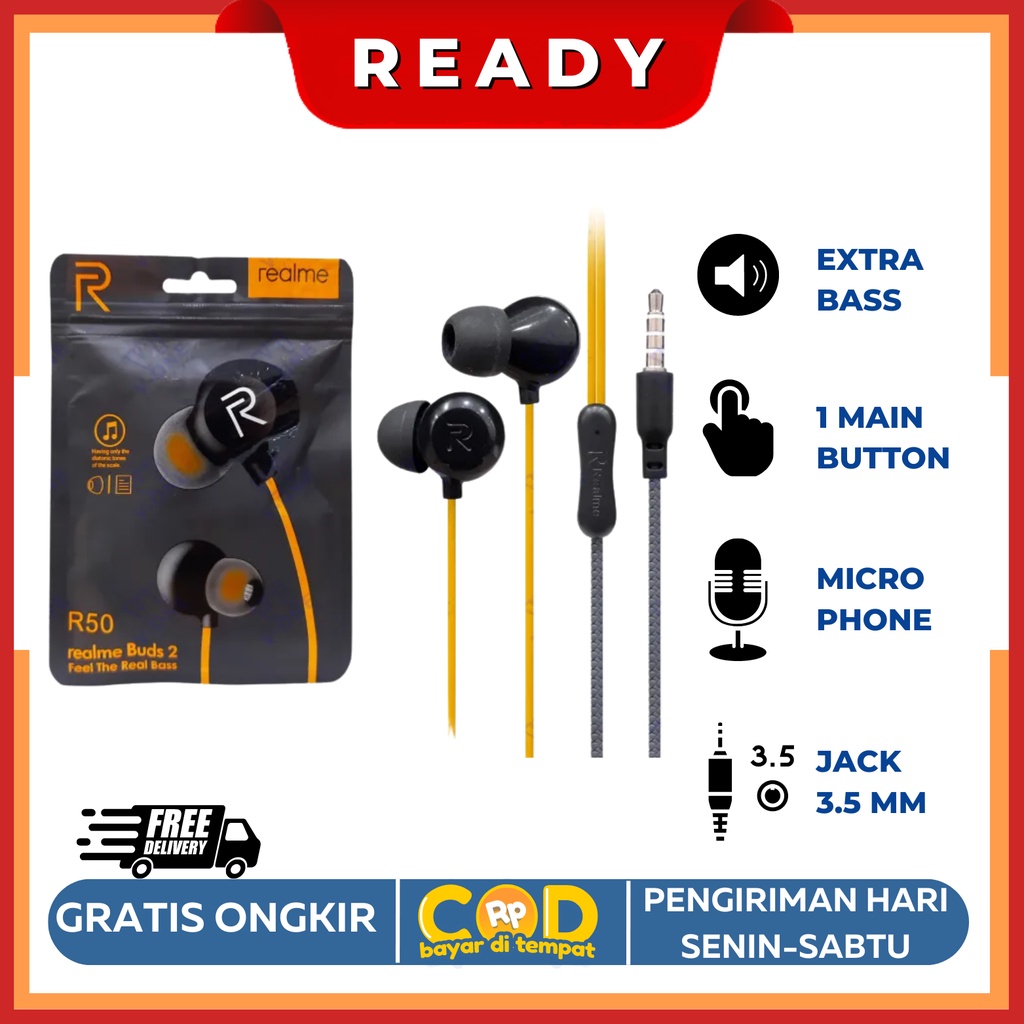 Headset / Handsfree REALME R50 C20 C2 C3 C9 C15 C12 Super Bass Kabel Kuning