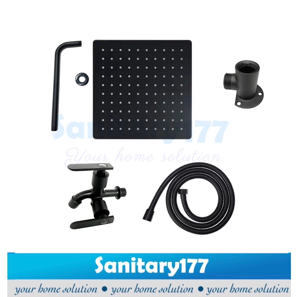 PAKET Wall shower Rainfall stainless kotak 20cm complete + Pipa 20cm &amp; bracket Tee + kran cabang hitam black  tanpa bobok instalasi luar shower tembok 8 inch