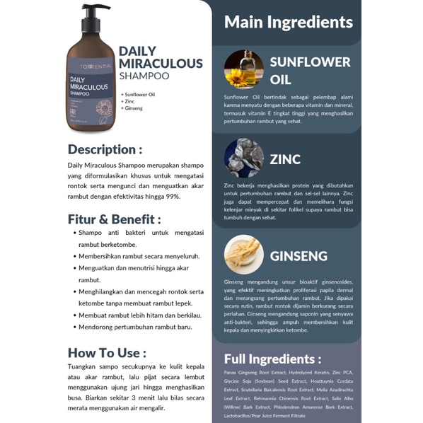 TORRENTIAL Daily Miraculous Shampoo Hair Treatment Shampoo Original 100% Shampoo Shampo Sampo Penumbuh Pemanjang Penghitam Rambut Anti Rontok Ketombe  Kelaya