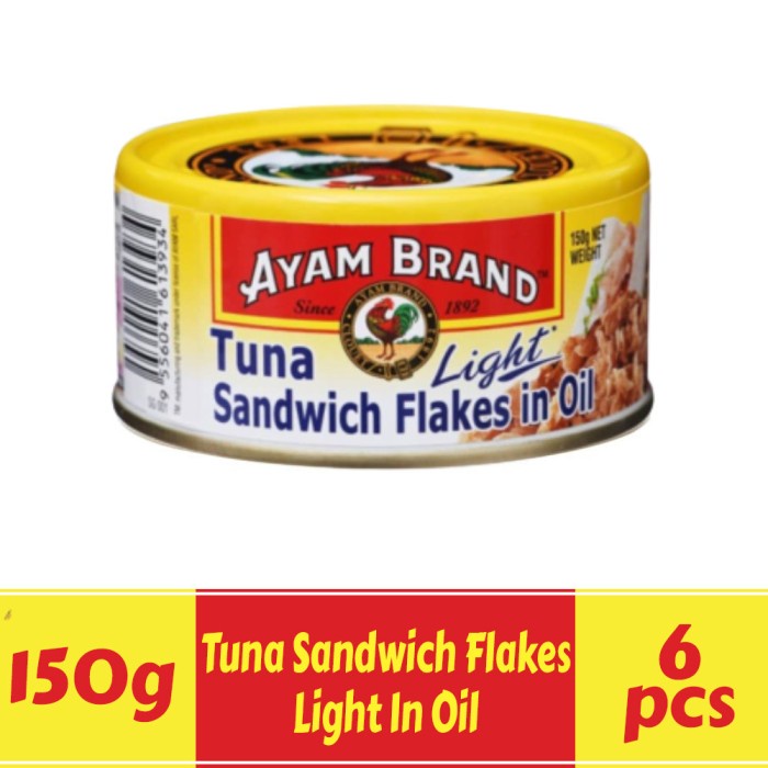 

IKAN TUNA KALENG PAKET 6 PCS SANDWICH FLAKES IN OIL AYAM BRAND 150GR