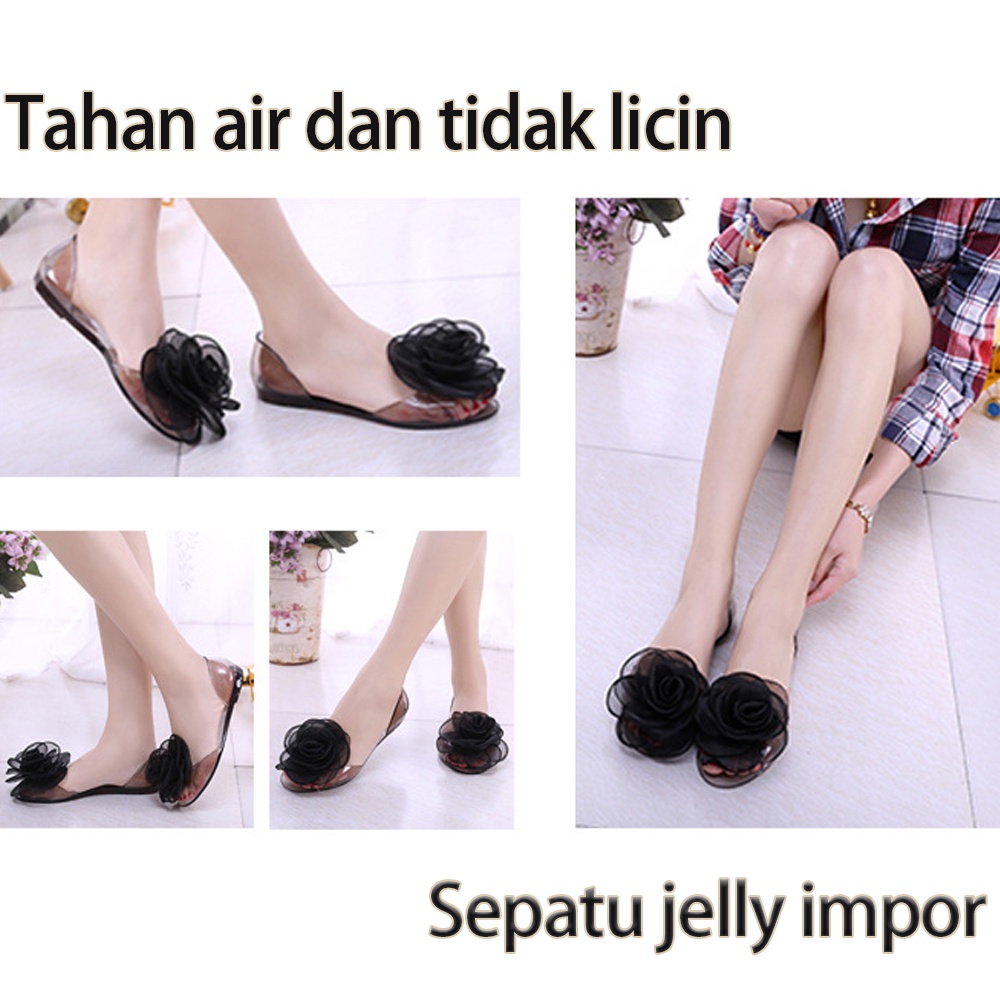 【IN STOCK】Sandal wanita Sepatu mulut ikan flat Sepatu datar Sepatu jelly mawar bunga besar renda transparan bunga besar