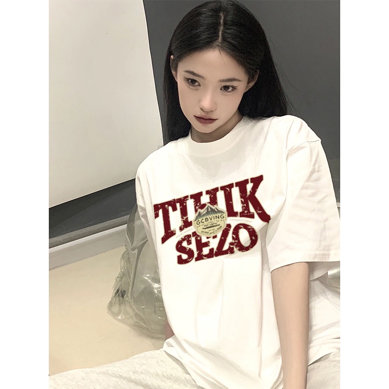 American Retro Lengan Pendek Motif T-shirt Import Oversize Letter Rap Hip hop Printed Baju Atasan Wanita