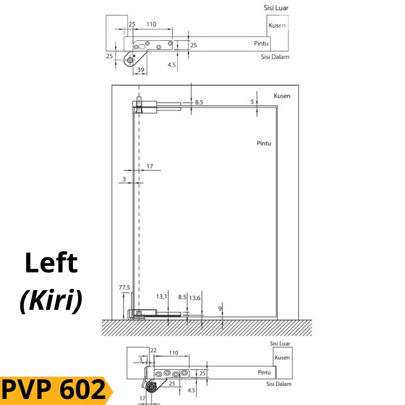 PALOMA ENGSEL PIVOT HINGE TANAM LANTAI PINTU KAYU OFFSET PVP 602 LEFT