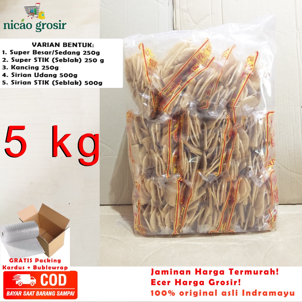 

Grosir 5kg Kerupuk Udang PADI KAPAS (Besar Sedang, Kancing, STIK) 1 Bal 5 kg (isi 20 pcs atau 250 gram/pcs)