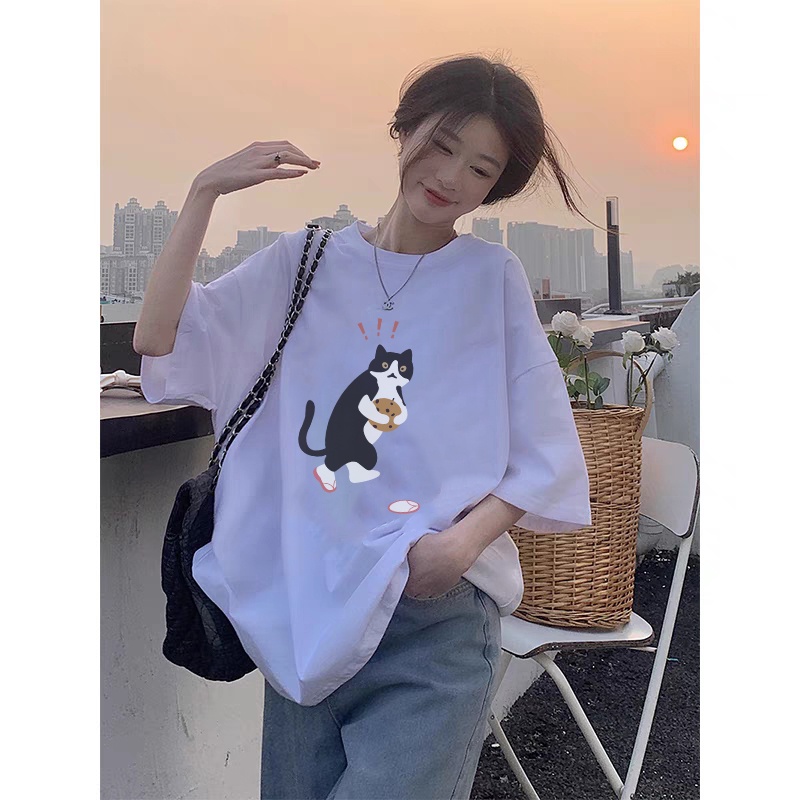 Korean Style Cute Cat Kaos Putih Atasan Wanita Lengan Pendek Oversize Printed T-shirt Baju Wanita Kekinian