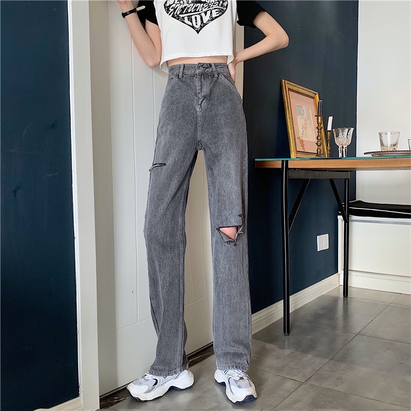 Abu abu Highwaist Robek Straight Celana Panjang Jeans Wanita