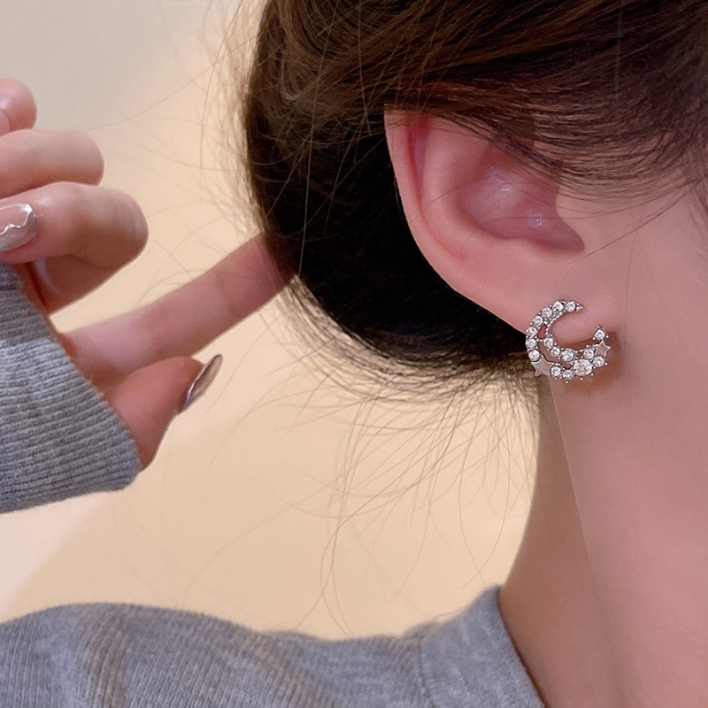 925jarum Perak Sederhana Anting Bulan Bintang Perempuan Penuh Berlian Anting Pejantan