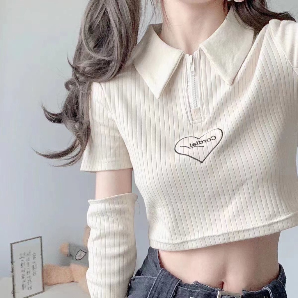 Red Kaos lengan wanita 2022 musim panas baru Korea rasa desain ceruk polo kerah pendek manis dan pedas atas siswa perempuan