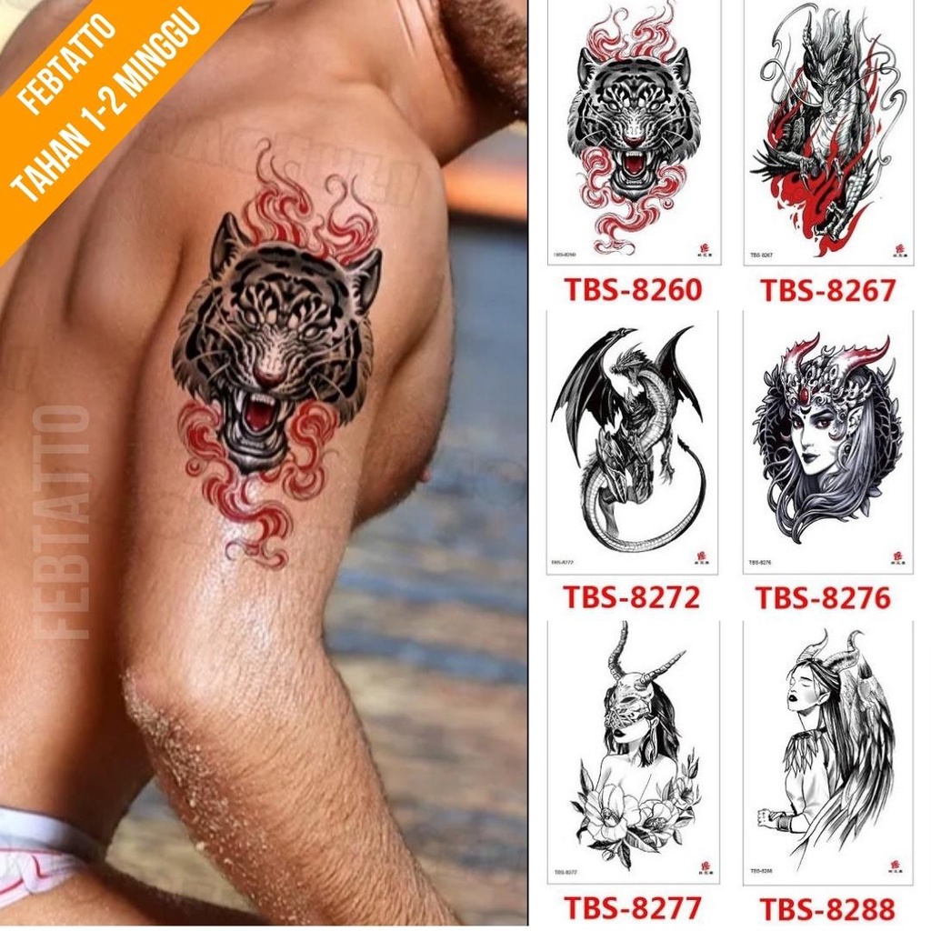 Tato Temporer Ukuran 12cmx19cm Motif Aesthetic Tatto Temporary Stiker Tato Halal Grosir Tato air motif perempuan, sayap, bunga, macan, naga TBS 8260