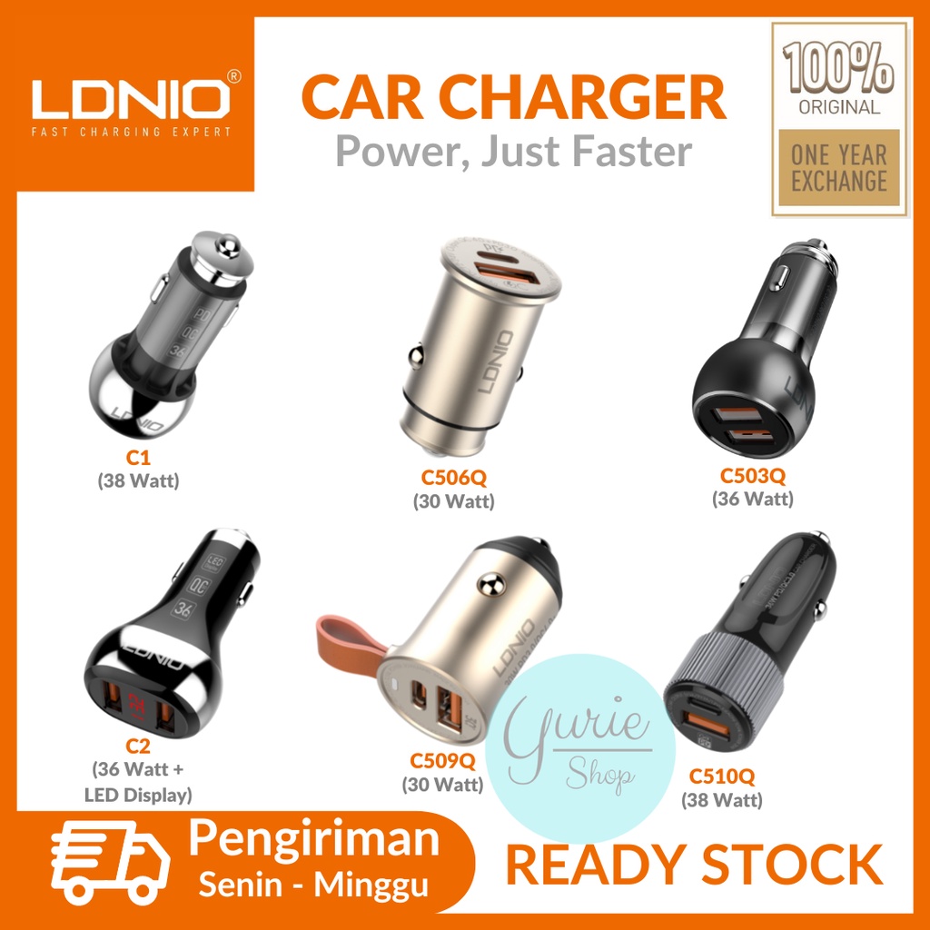 LDNIO Car Charger Mobil C1 C2 C503Q C506Q C509Q C510Q USB C Port Fast Charging LED Display Original