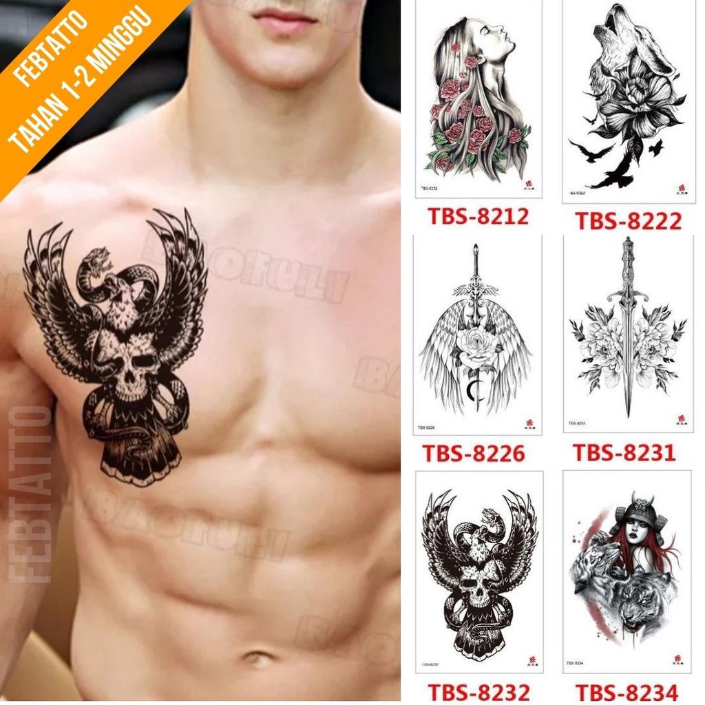 Tato Temporer Ukuran 12cmx19cm Motif Aesthetic Tatto Temporary Stiker Tato Halal Grosir Tato air motif perempuan, bunga, serigala, pedang, sayap, tengkorak, ular TBS 8232