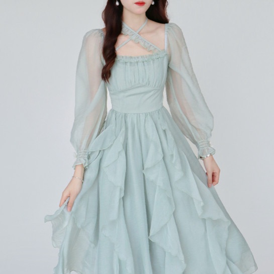 Red Blovelan Qingtang Liluo Kerah persegi Prancis lengan panjang tidak beraturan gaun lembut seperti peri wanita baru