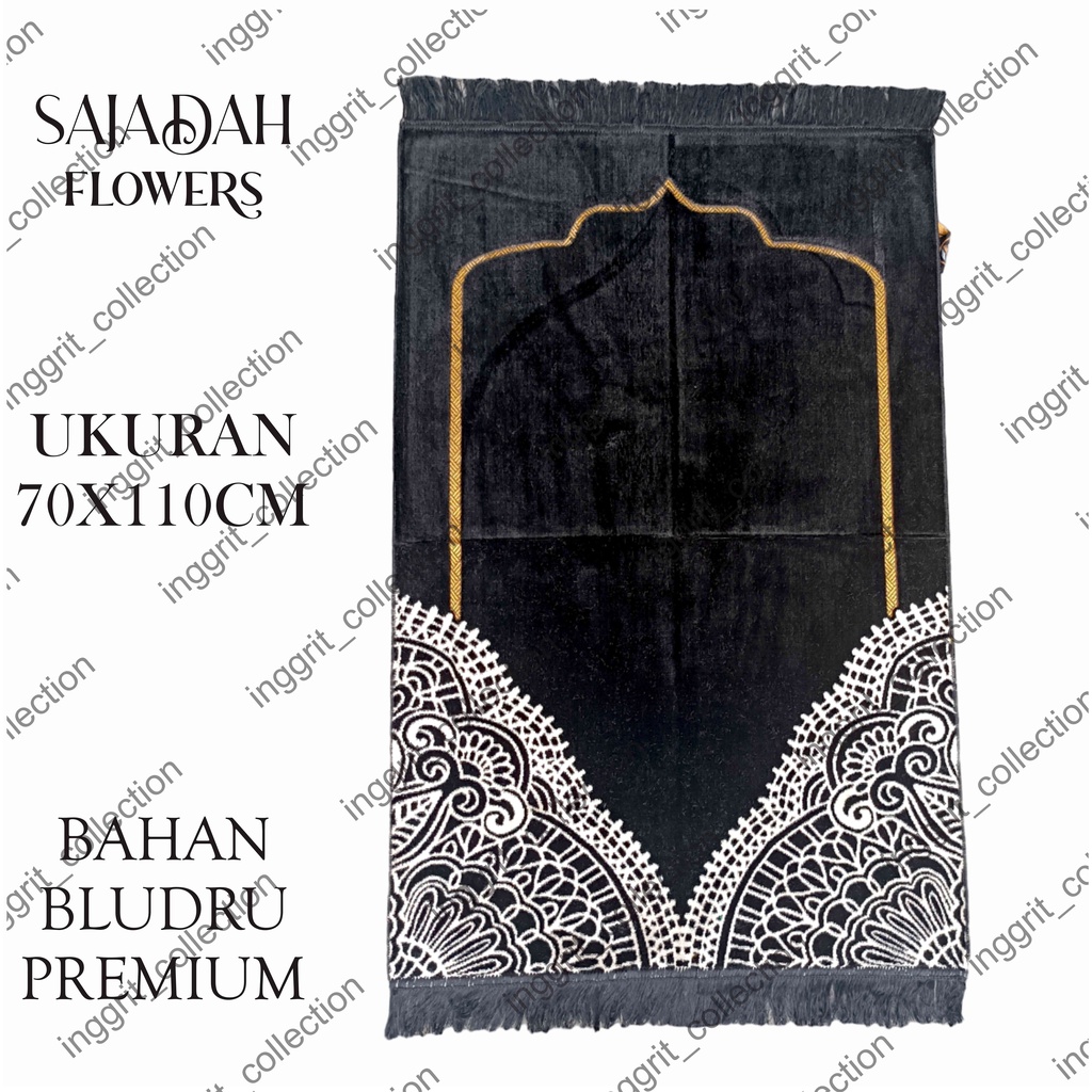 Sajadah Turkiye Hitam Motif Flowers, Sajadah Motif Bunga Cantik Simpel uk 70x110cm