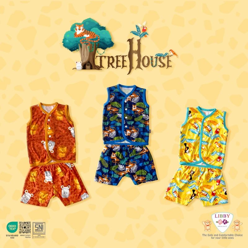 Libby Stelan Baju Kutung Kancing Depan &amp; Celana Pendek - Tree House Series (isi 3Pcs) Baju Bayi