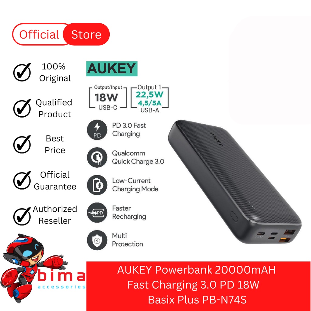 AUKEY Powerbank 20000mAH  Fast Charging Power Bank 3.0 PD 18W Charger Basix Plus PB-N74S