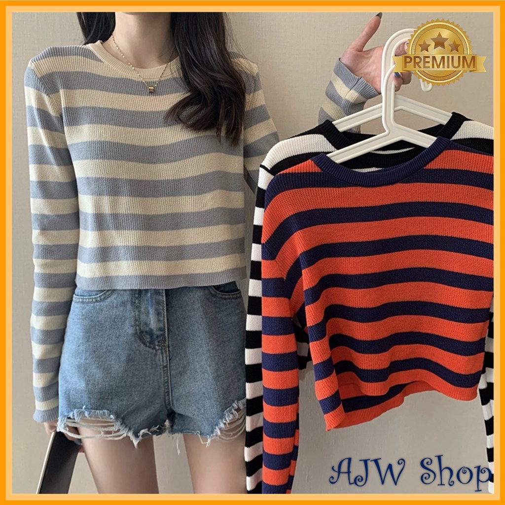 AJW Atasan Crop Rajut Lengan Panjang Import Premium Salur Garis Garis RK | Crop Top Lengan Panjang R