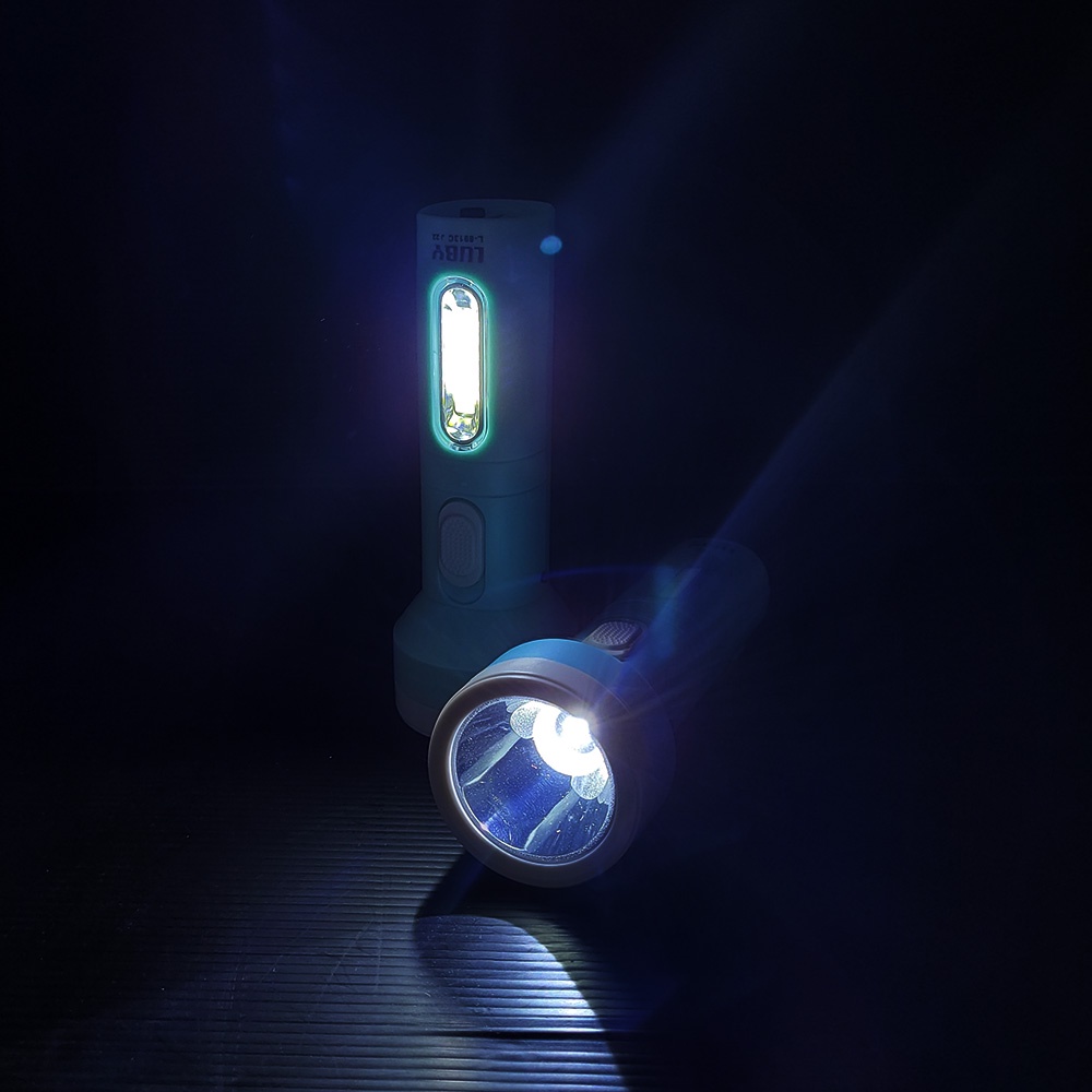 Lampu Senter Luby L8913C Cahaya Putih - Premium Edition 2 Lampu  - Lampu serbaguna Depan Terang 3watt + COB RANDOM