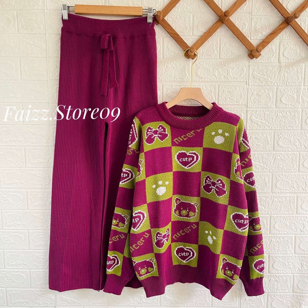 ONESET JAMILA SWEATER RAJUT WANITA MOTIF LOVE KUPU-KUPU SETELAN CELANA KULOT RAJUT PREMIUM STORE09 M