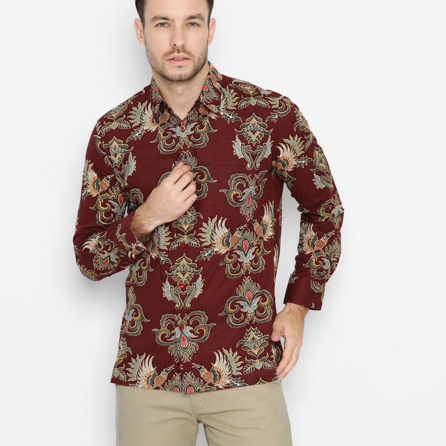 ➱ Platini Kemeja Batik Pria Lengan Panjang Maroon  ❊
