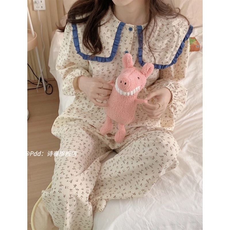 Gadis-gadis piyama Jepang wanita musim semi dan musim gugur boneka baru kerah manis bunga lengan pan