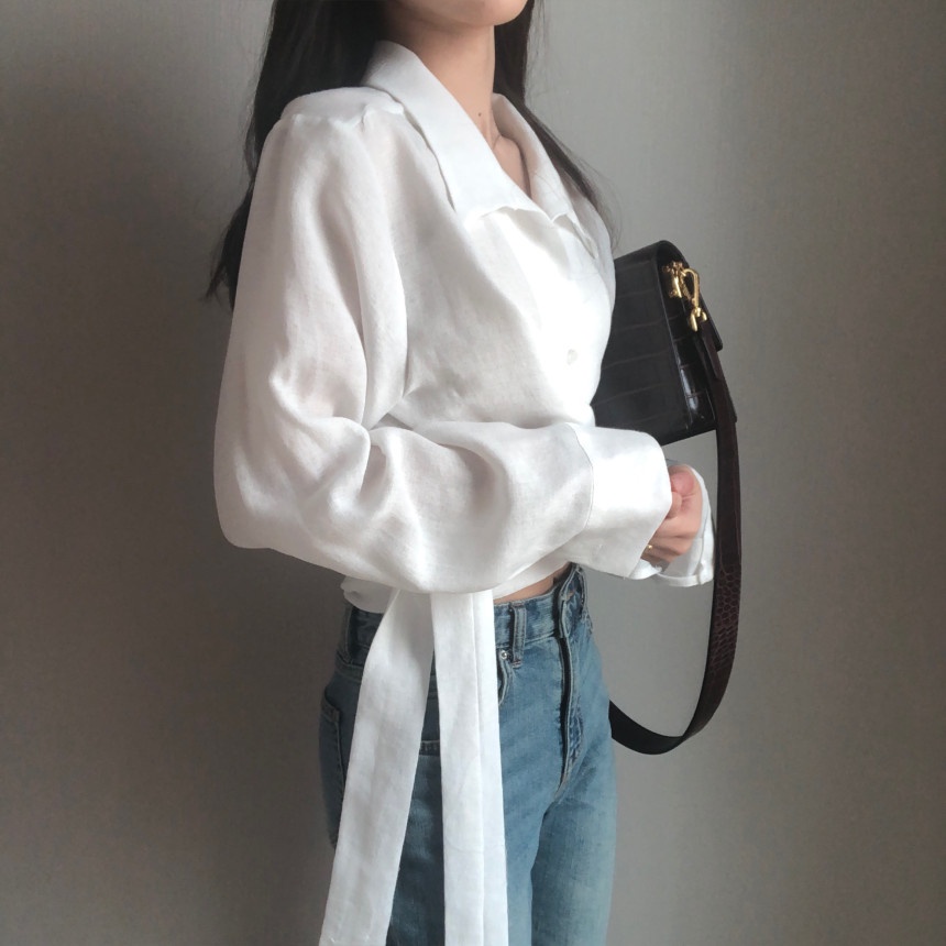 Korean Style Kemeja Lengan Panjang Wanita Polos Tidak Teratur Blouse